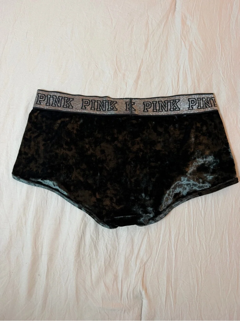 PINK Victoria's Secret Black Velvet Boyshorts with Silver Logo Waistband